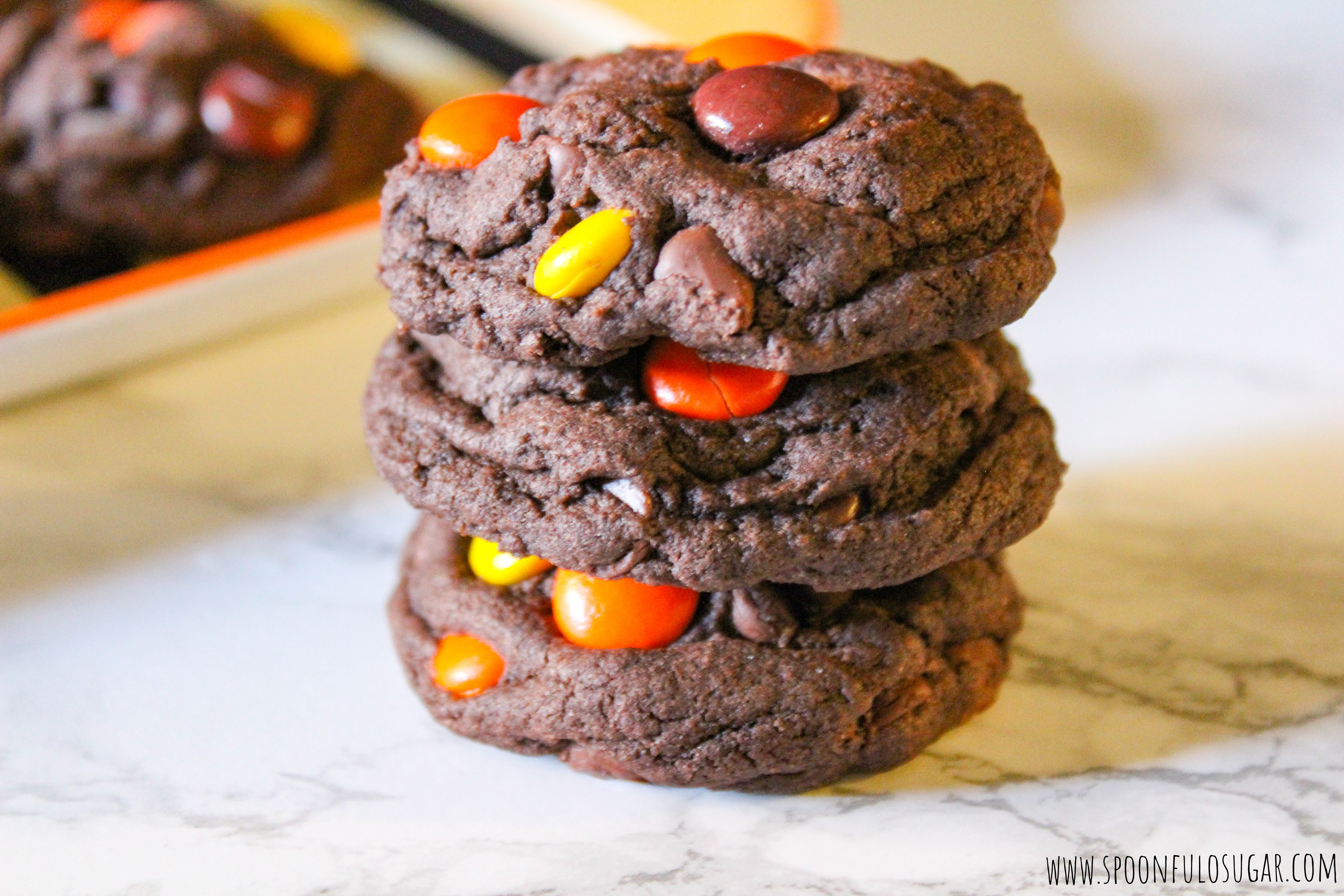 Dark Chocolate Reese’s Pieces Cookies | Spoonful of Sugar